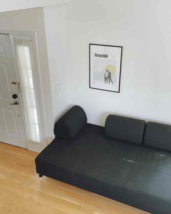 A modern living room with white walls, wood tone flooring, featuring a black sofa and a picture frame