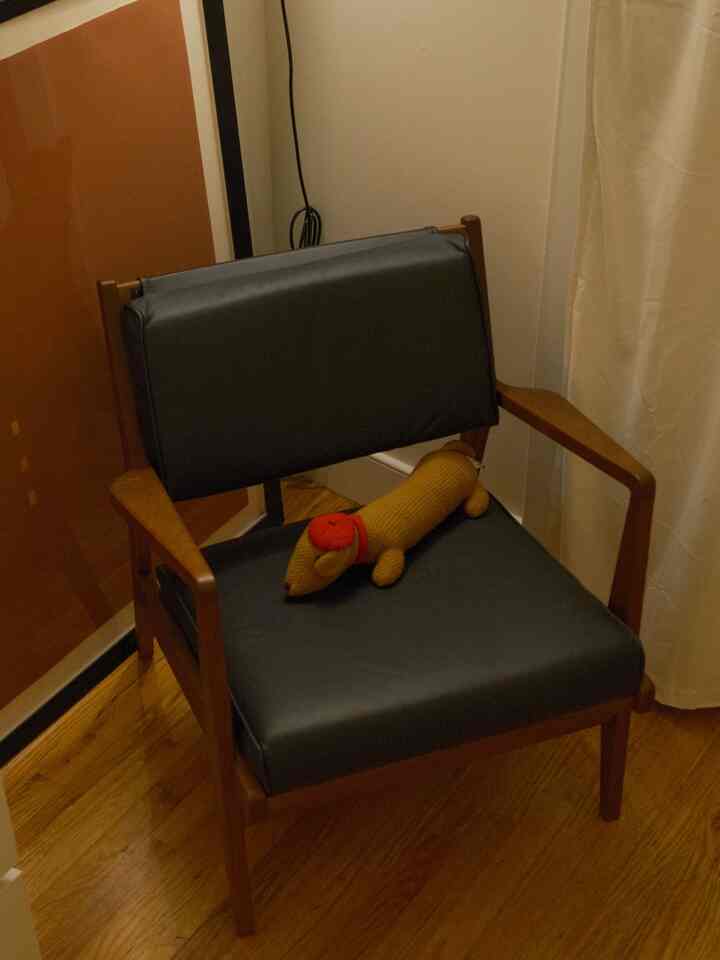 Cozy space featuring a wood-toned and black armchair with a dog-shaped plush toy placed on the seat