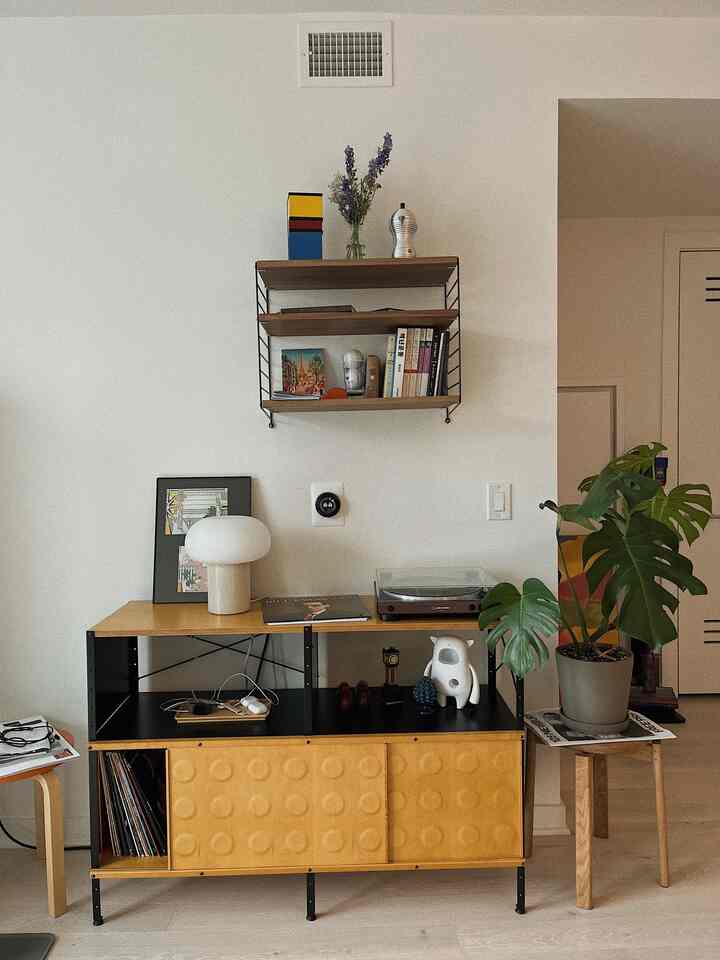 Beige and natural toned living room featuring wall shelf, table lamp, audio equipment, and a potted plant creating a cozy atmosphere