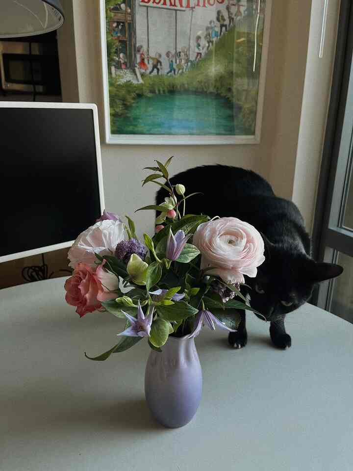Living room with a white table holding a lavender vase of flowers, and a black cat peeking near the table edge