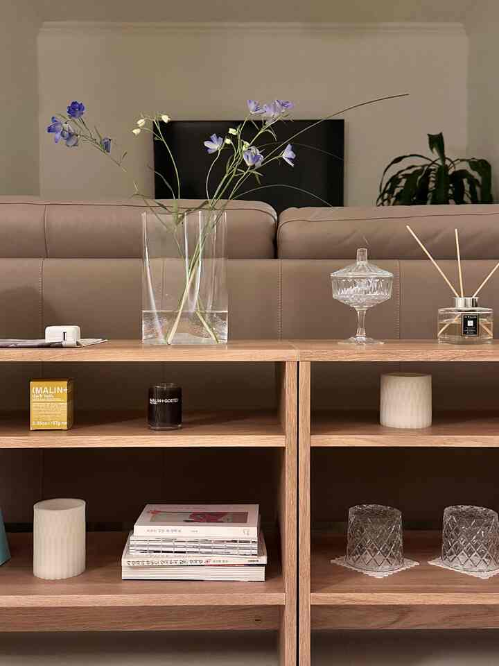 Natural modern living room featuring beige sofa and wooden shelf with decorative elements