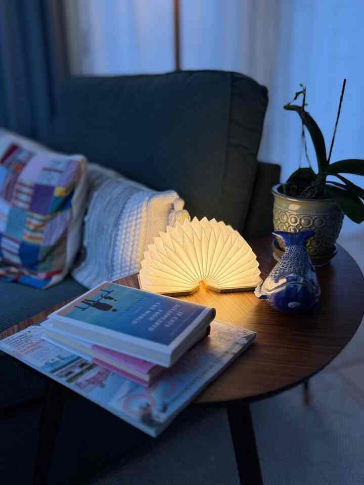 Cozy living room with natural wood tones, blue sofa, and foldable Japanese lamp on a round table