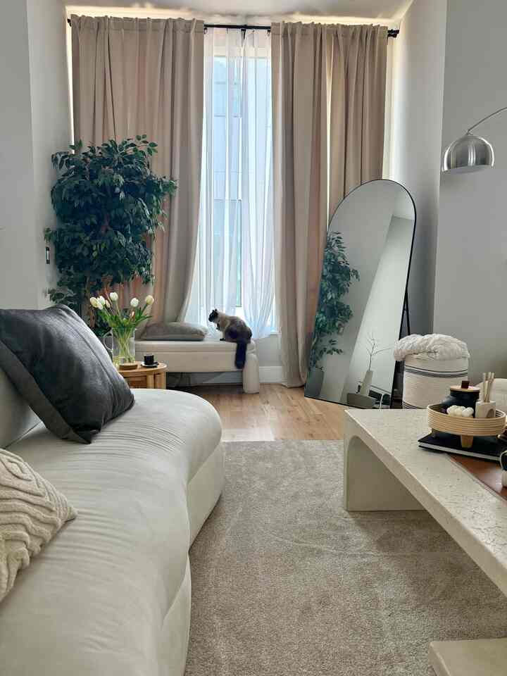 White and beige toned living room featuring large sofa, arched mirror, and a cat sitting, creating a cozy atmosphere