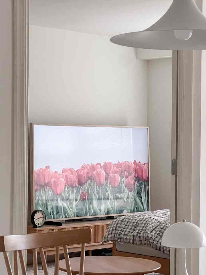 Beige-toned walls with wood tone furniture in a bedroom-living room hybrid, featuring minimal and natural atmosphere