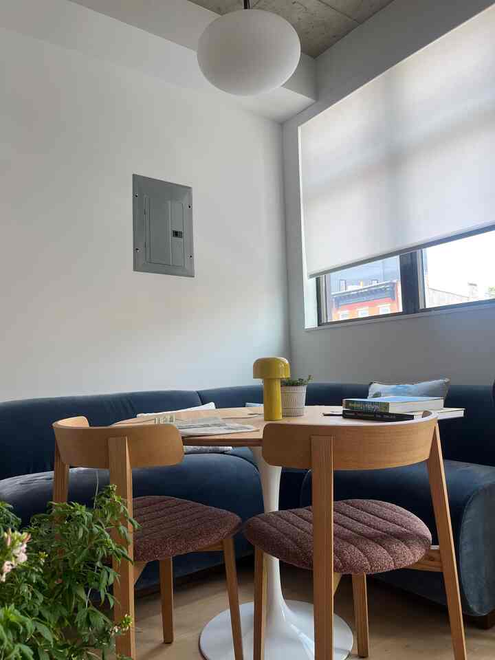 Our dining nook. It's still in progress of decorating it. I'm going to make a painting to hid the metal door on the wall. I'm also getting a low cafe curtain as well! I love a nook.

#diningnook #diningroomdecor #cornercouch #ceilinglamp #diningchair