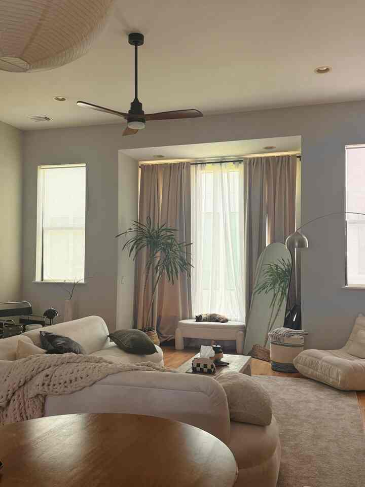 Natural tone living room featuring beige sofas, curtains, large plants, and a cat resting on window bench creating a cozy vibe