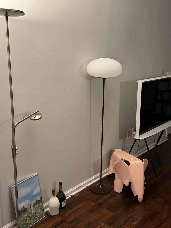Modern living room with charcoal gray walls and dark brown wooden floor, featuring floor lamps, a 55" TV, and a pink elephant-shaped decor piece