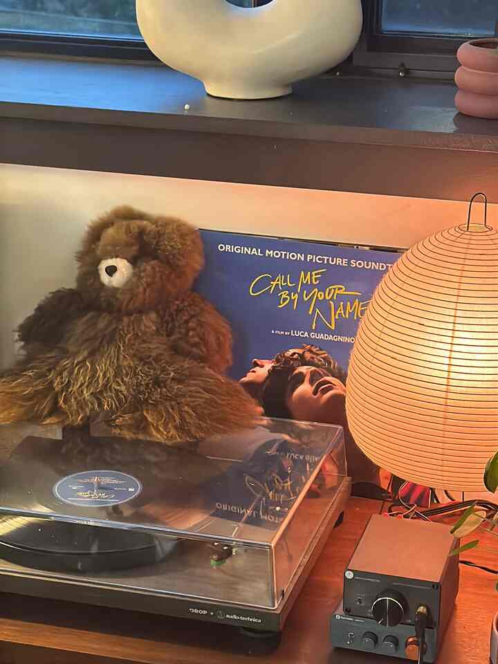 Cozy music corner featuring a brown alpaca stuffed animal, orange lamp, Audio-Technica turntable, and vinyl album cover with warm lighting