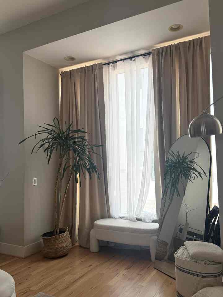 Natural-toned living room featuring beige curtains and a large plant with a cozy atmosphere