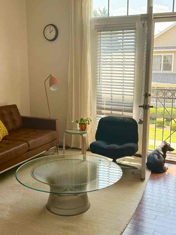 White-toned living room featuring brown leather sofa and deep blue armchair with natural light creating a cozy atmosphere