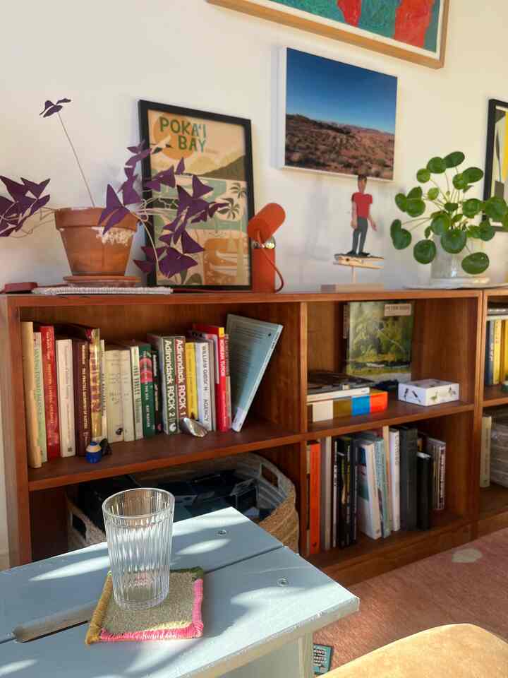 Warm wood tone mid-century modern living room featuring a bookshelf, clear glass cup on a pastel table, and indoor plants creating a cozy atmosphere