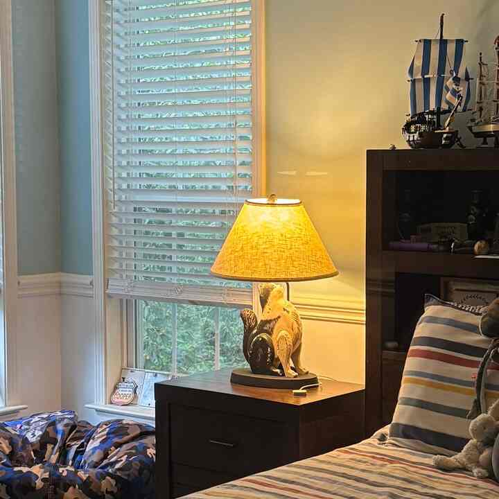 Warm brown and natural toned bedroom featuring a nightstand and a lit table lamp creating cozy ambiance