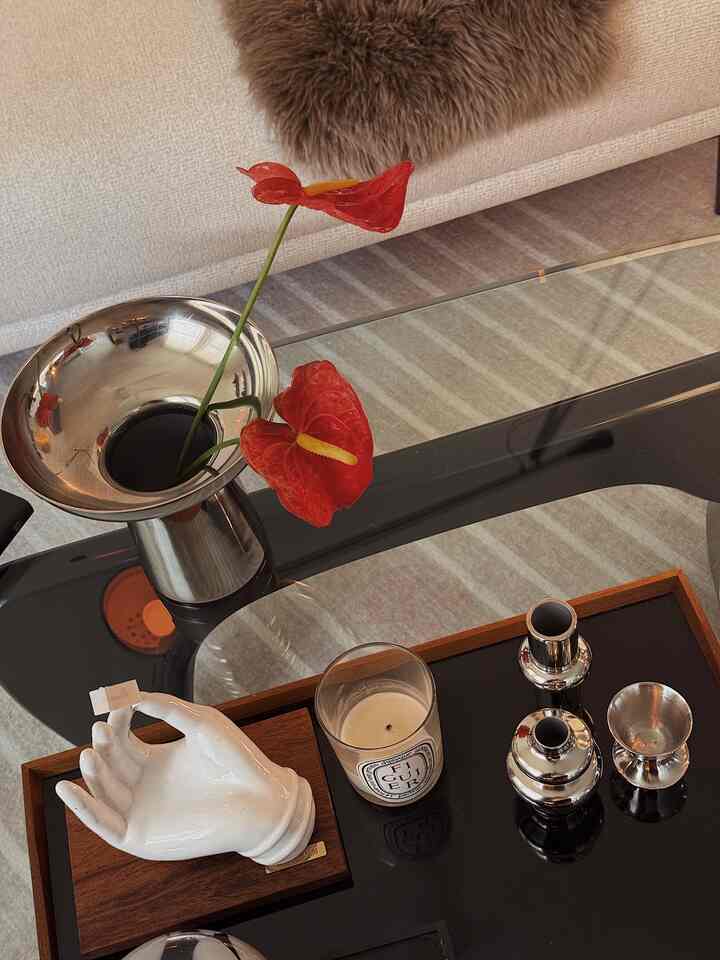 Modern living room decoration featuring a black coffee table with silver vase and red flowers as accents