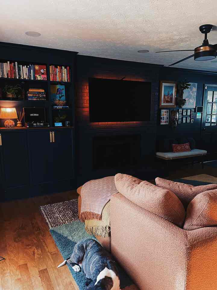 A moody living room with dominant black walls and warm brown sofa, bookshelf on left, and a dog lying on the rug, cozy atmosphere