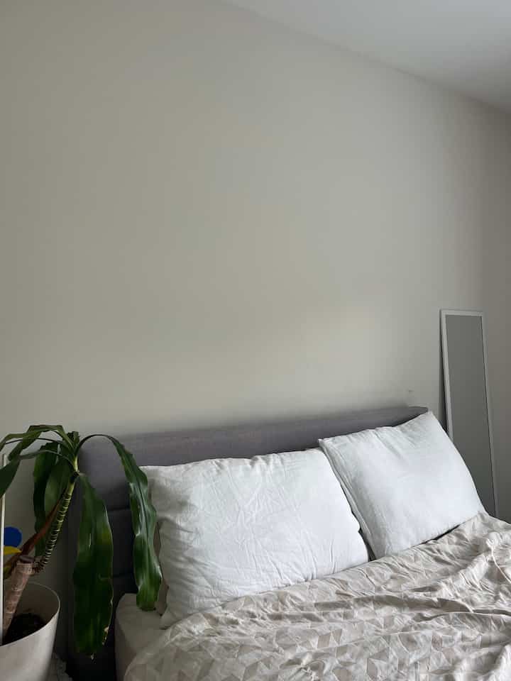 Natural tone bedroom with white walls and beige bedding, featuring a grey bed frame, green plant, and a full-length mirror, creating a simple and calming atmosphere