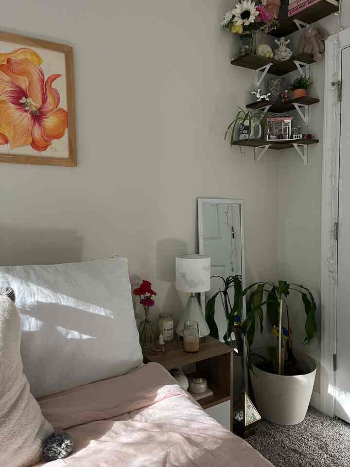 Bagian favoritku setiap hari adalah pagi! Pencahayaan di kamarku saat ini membuat bangun tidur jadi lebih mudah. #bedroom #pinksheets #pictureframe #bedding #bedset #linenbedding