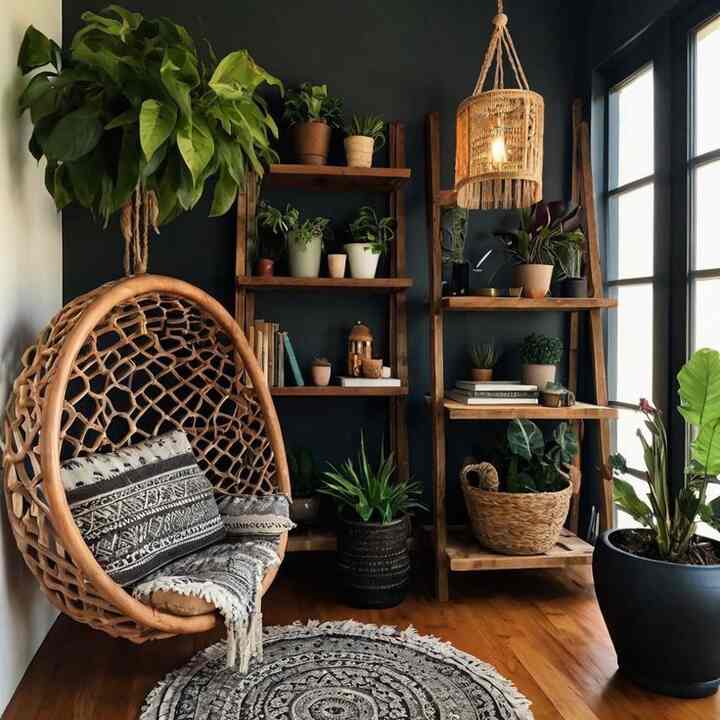 Natural-toned living room corner with wooden shelves and woven armchair, featuring diverse plants creating a cozy atmosphere