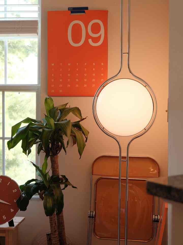 Orange-toned dining room featuring a large plant and floor lamp with a vintage style ambiance