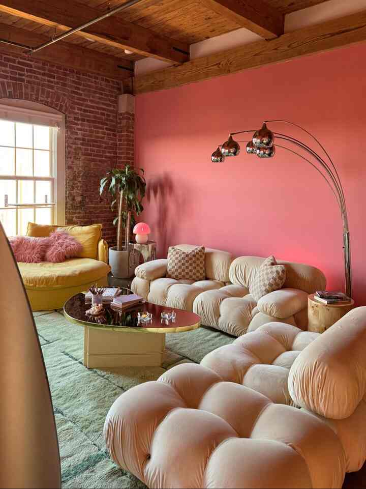 POV: This is the vibe for the entire week. Getting lost in the velvet textures and that perfect pop of pink. Hello, cozy-glam loft life. ✨🍄

#70sDecor #VintageModern #EclecticHome #VelvetSofa #PinkWall #BubblyCouch #LoftLiving #MCMFurniture #PinkAesthetic #InteriorInspo #Groovy
