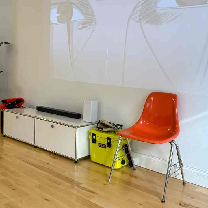 Enjoying my #Samsung the freestyle gen 2 projector, putting to rest my baseball season #Yeti highly recomend getting one ! Also just painted my Herman Miller chair into Outrages Orange benjamin moore code 2013-10 yesterday, ill post some befores and after. 
