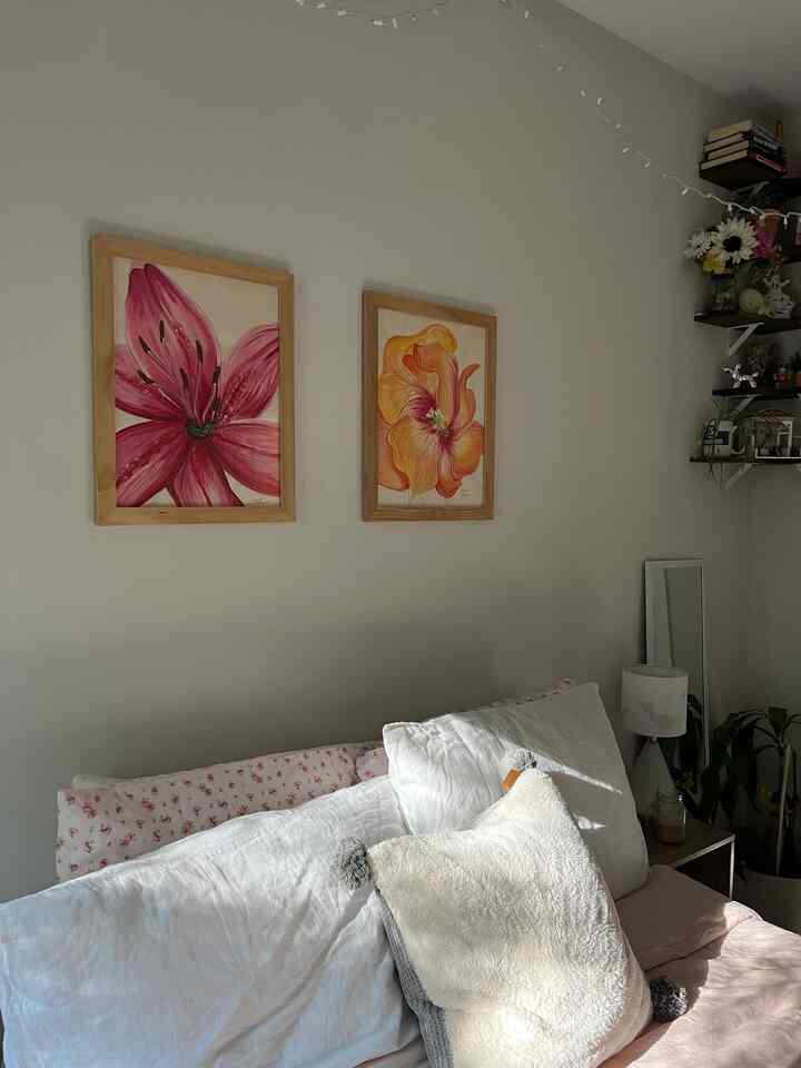 the sun no longer shines through in the morning but now in the afternoon #bedroom #bedroomdecor #colorful #colorfulspace #artwork #pink 