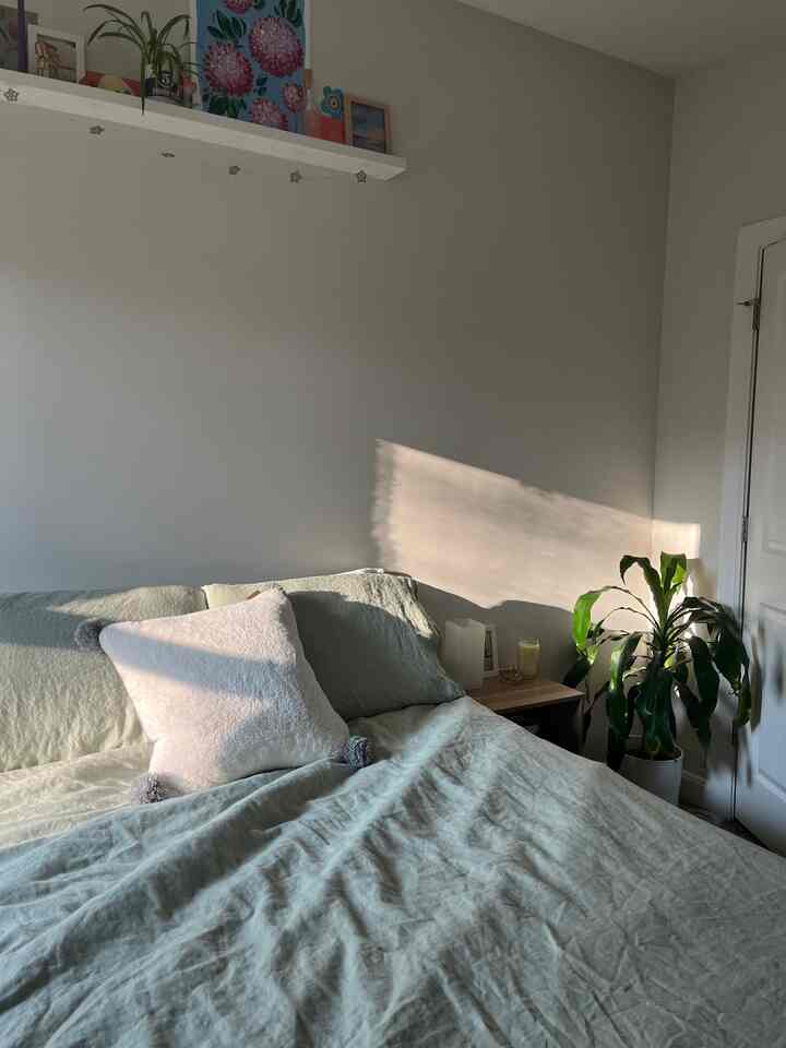 a year ago today vs today #bedroom #bedroominterior #bedding #beddingset #linenbedding #painting #BeforeAfter 