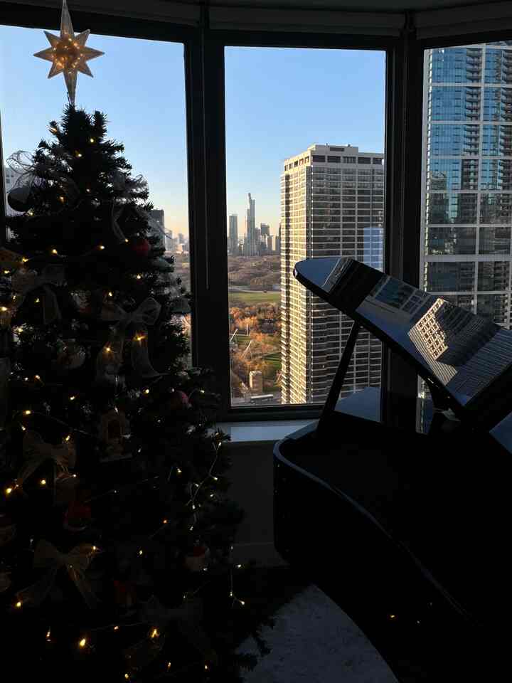 waiting for Christmas in my piano studio 🎄♥️🤍

#christmas #tree #piano #pianoroom #pianostudio #grandpiano #view #highrise #homeoffice #homedecor #christmastree #amazon #ribbon #yamaha #keyboard #winter  #OhouseAmbassador #Ohouse 