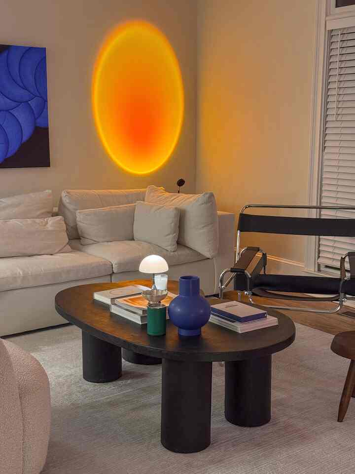 Sunset lamp for a moody night in > everything else
.
.
.
#livingroominterior #livingroom #livingroominspo #ecclecticdecor #lamp #vase #sofa #chair #mcm 
