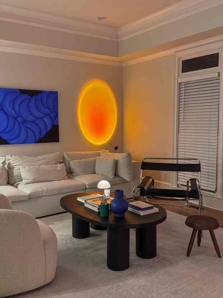 My favorite view lately🌅
.
.
.
#lamp #sunsetlamp #livingroominterior #livingroom #livingroominspo #ecclecticdecor #stool #vase #sofa #armchair #swivelchair #chair #mcm #minimalwithmood