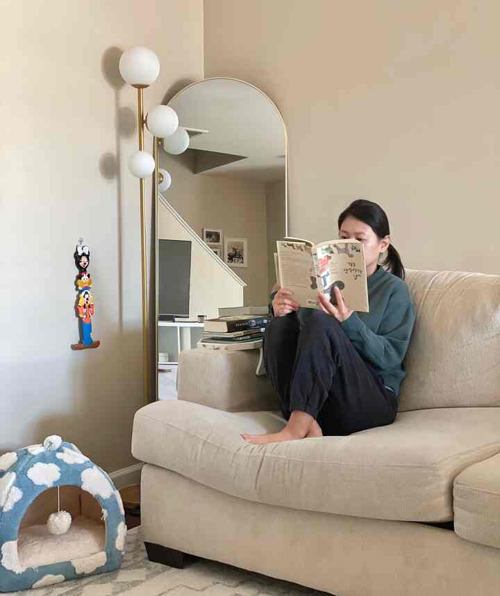 Beige and white toned living room featuring a simple sofa, cat supplies, and cozy reading space
