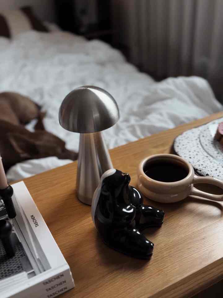 Natural toned bedroom featuring a wooden coffee table, chrome silver mushroom lamp, and a sleeping pet dog