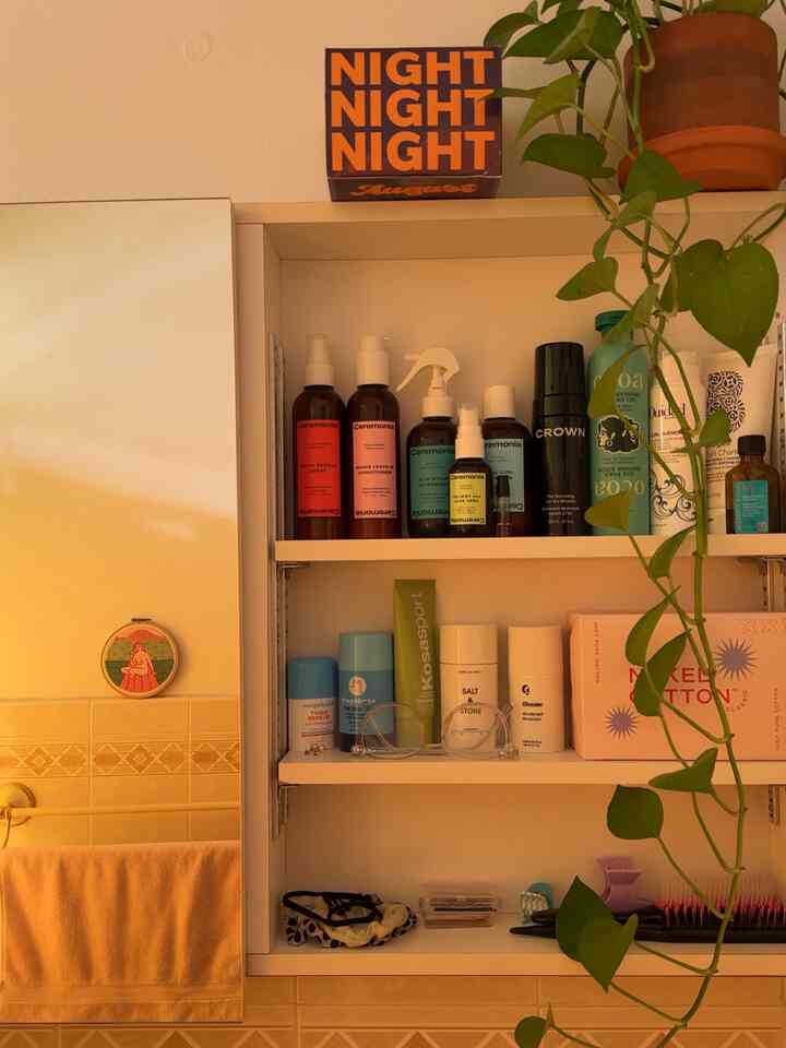 Warm-toned bathroom featuring a pink towel, assorted toiletries on shelves, and green hanging plant