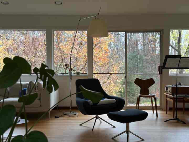 Natural beige and navy toned living room with large windows showcasing a vibrant fall view, creating a cozy atmosphere
