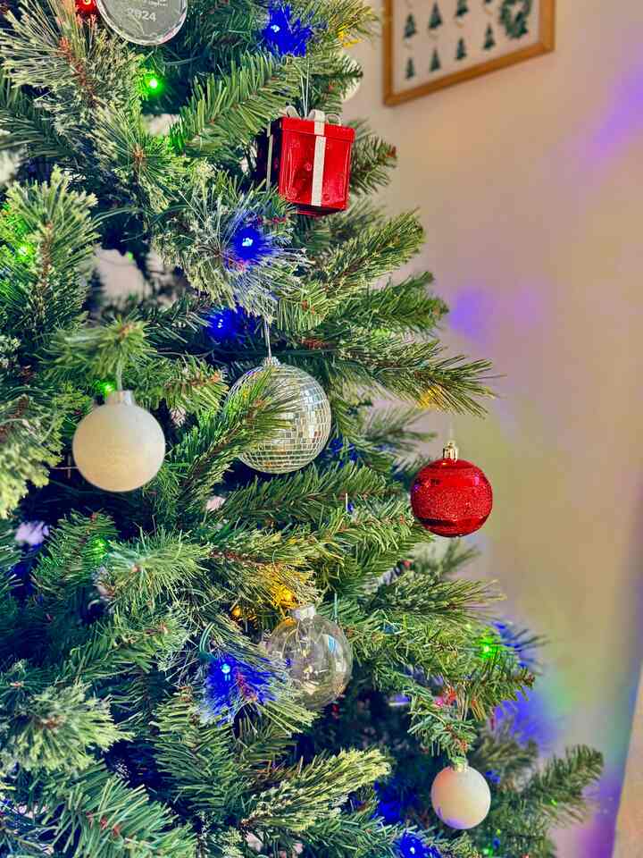 Cozy living room featuring a green Christmas tree decorated with red and silver ornaments