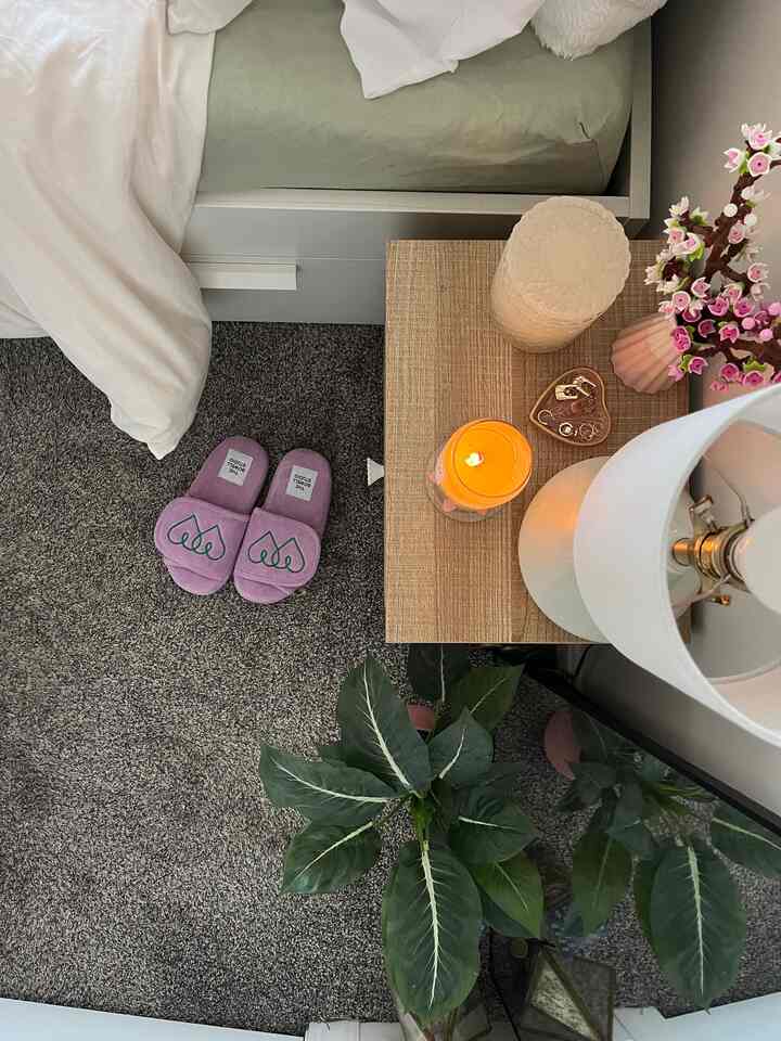 my newest slippers match my space so well and are so comfy! the best part of my morning recently #bedroom #cozy #ohousefinds #ohousedecor #slippers #bedroomspace 