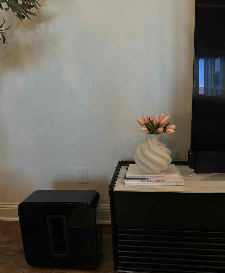 Living room corner with white walls, black TV stand, wireless subwoofer, and a vase with pink tulips as a vibrant accent