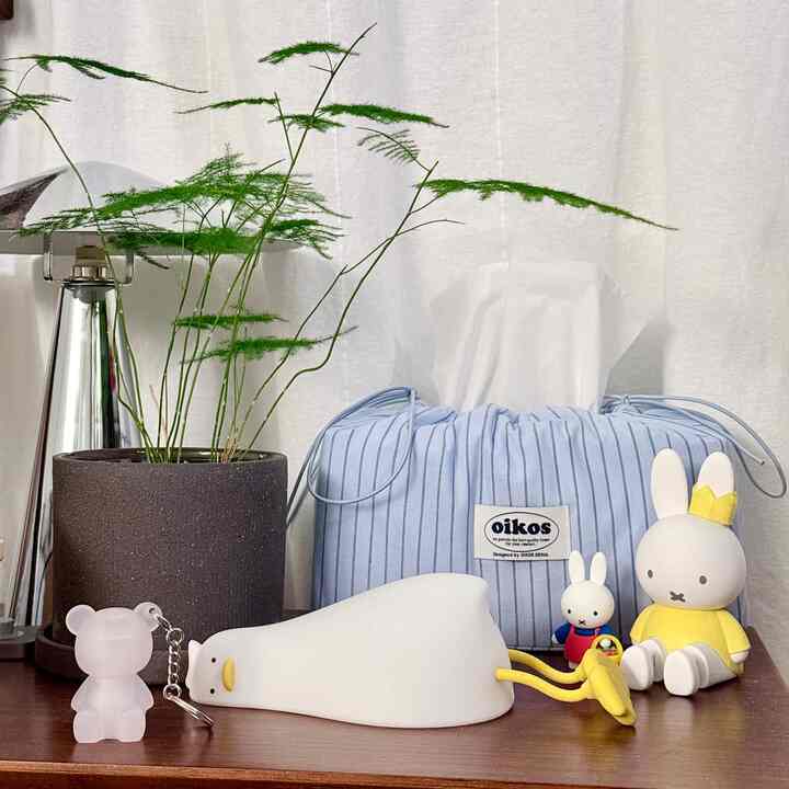 Nightstand with cute decor items #nightstand #miffy #nightlamp #tissuecover #plant #decor