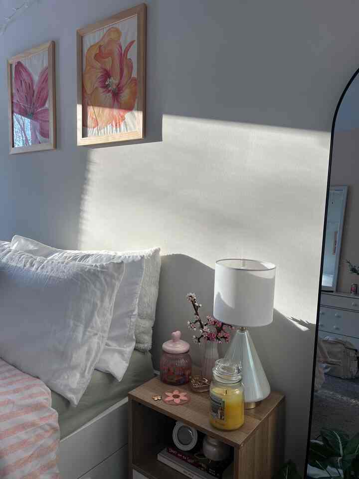 my favorite spot in my room #bedroom #bedroomdecor #nightstand #nightstanddecor #bedsidetable #sheets #linenpillowcase #pillowcase 