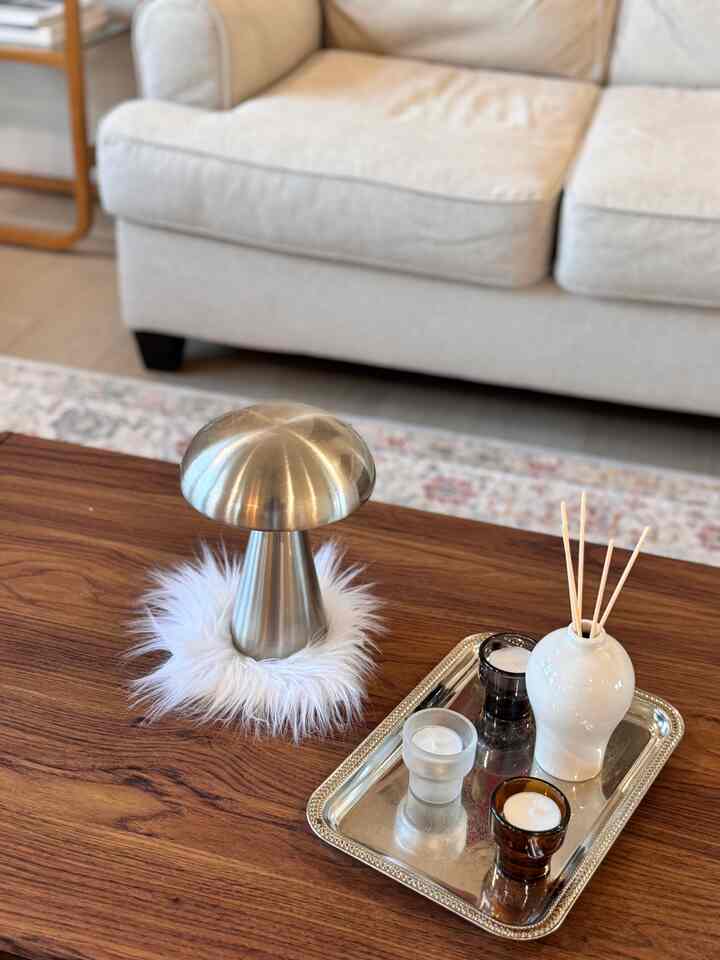 Cozy living room featuring natural wood tone coffee table and beige sofa with decorative diffuser and lamp