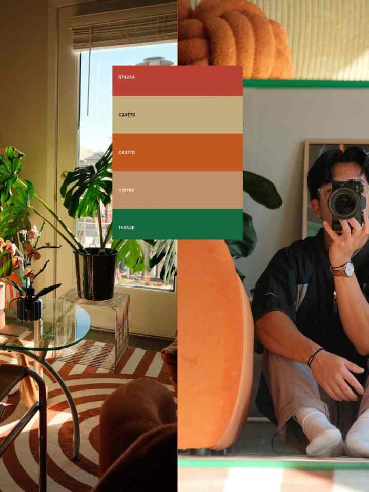 Warm brown-toned living room with natural light, featuring various plants and a curvy striped rug in a modern setting