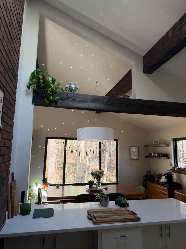 White and wood tone dining room featuring a pendant light and silver disco ball as distinctive natural elements