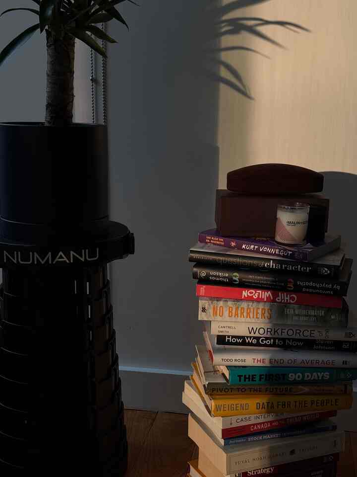 Dark-toned interior space featuring a black plant pot and stool on the left, with a tall stack of books on the right creating a calm atmosphere