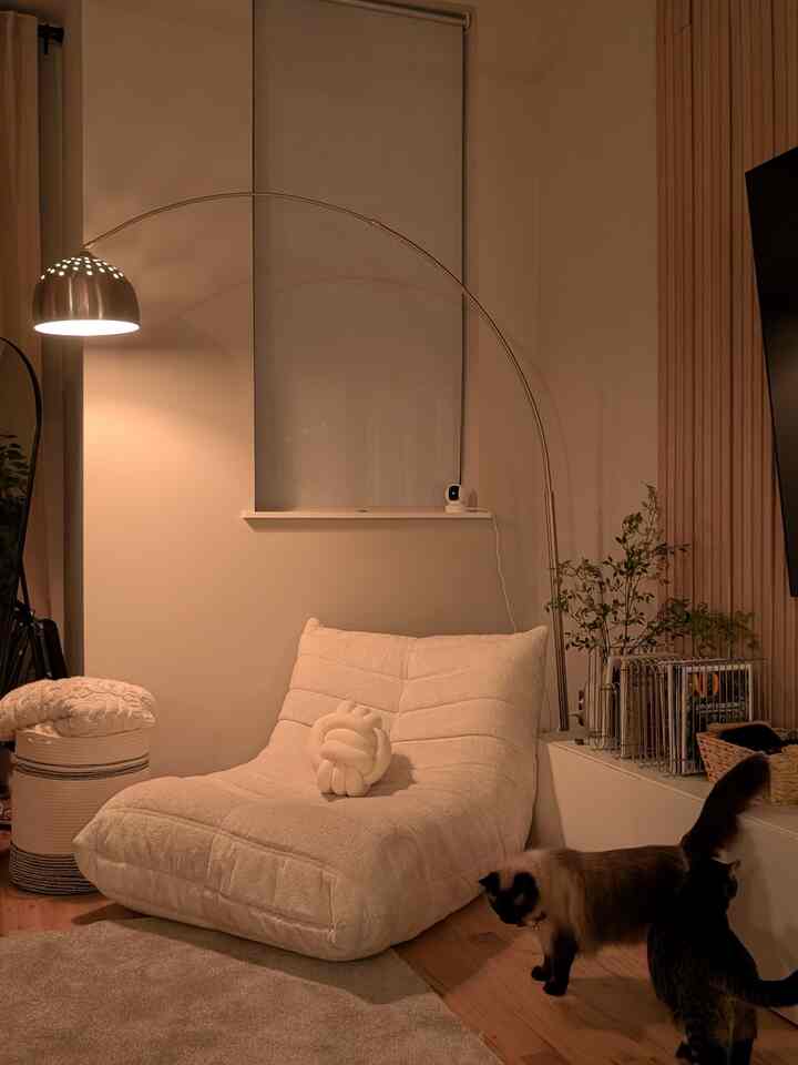 Warm brown wood and soft ivory-toned living room featuring a cozy sofa and an arched floor lamp creating a comfortable atmosphere