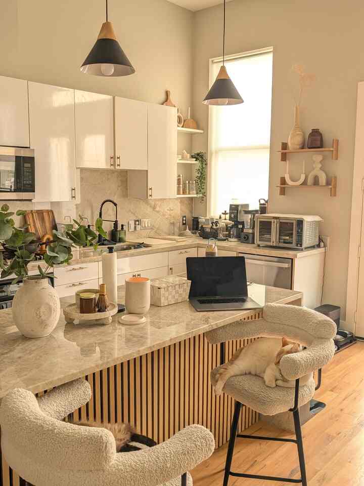 Wherever I go, the kitties follow-- to the kitchen for a cooking show! #kitchen #japandi #neutral