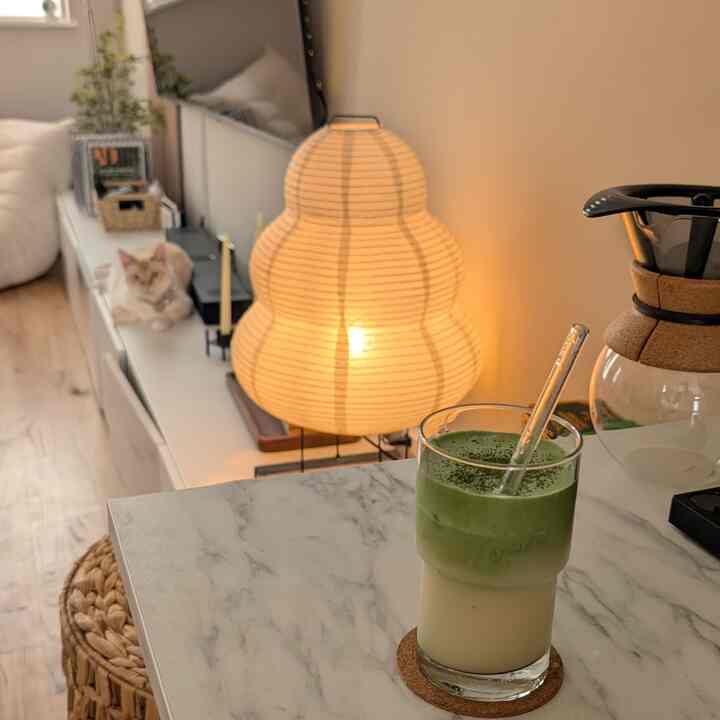Natural and white tone home cafe space featuring a cat, Noguchi paper lamp, and marble tabletop creating cozy ambiance