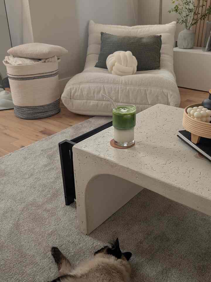 Natural living room in white and light brown tones featuring a concrete coffee table and cushioned lounge chair centrally arranged