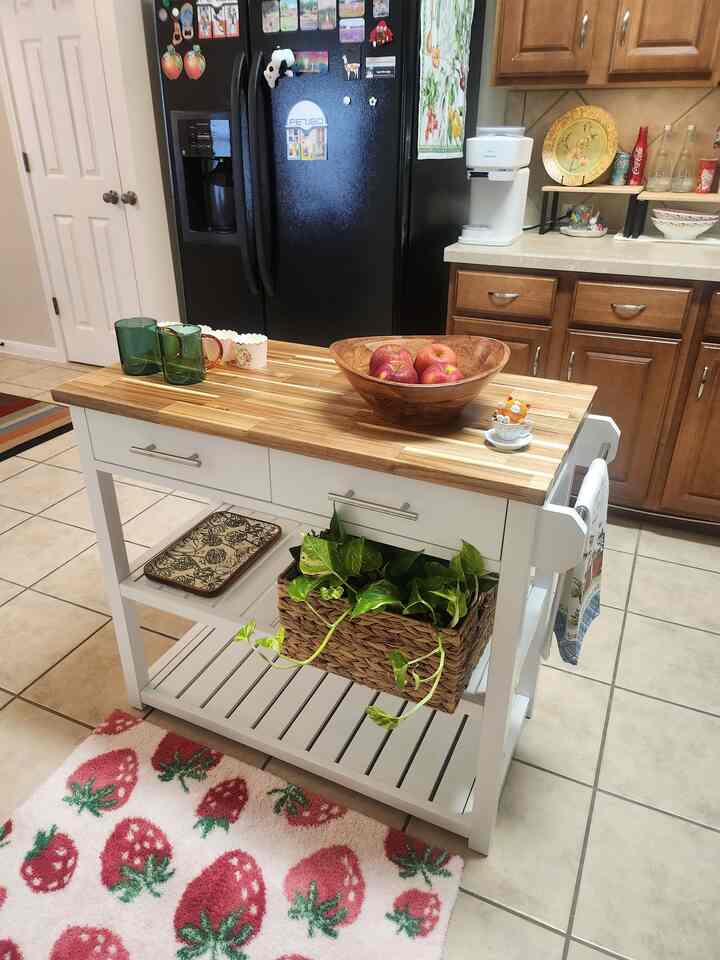 Natural color kitchen space featuring a kitchen cart, countertop, and plants creating a cozy atmosphere