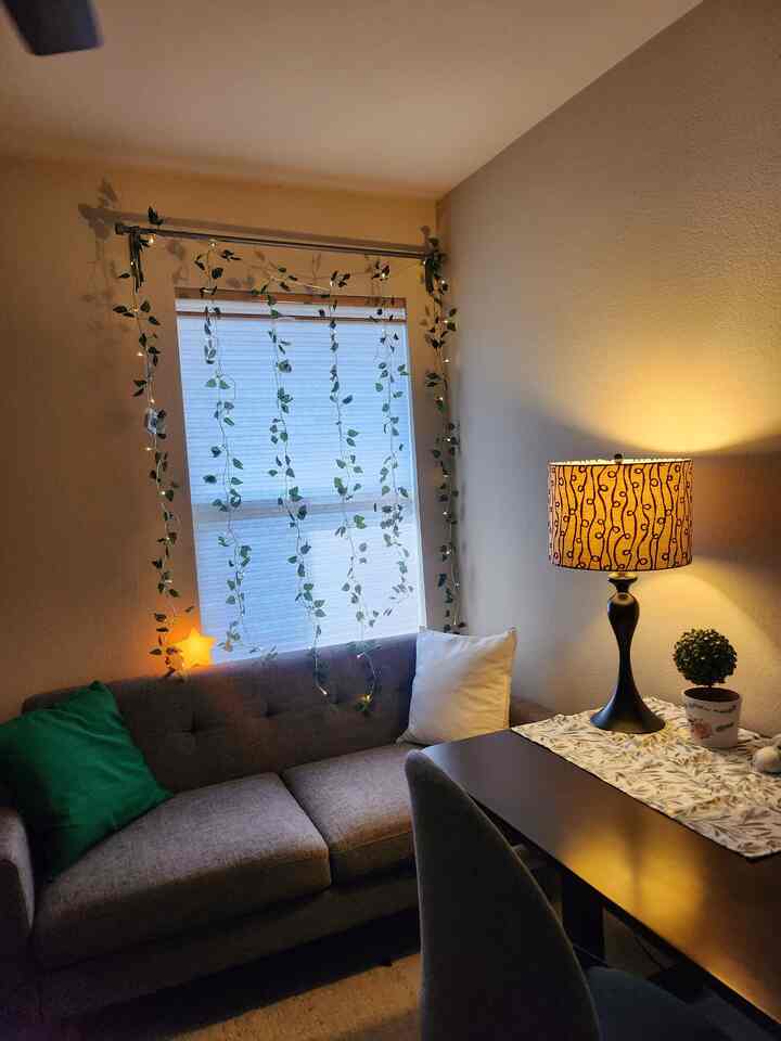 Natural-toned compact living room featuring gray sofa with green cushions, cozy table lamp, and string lights preparing for guests