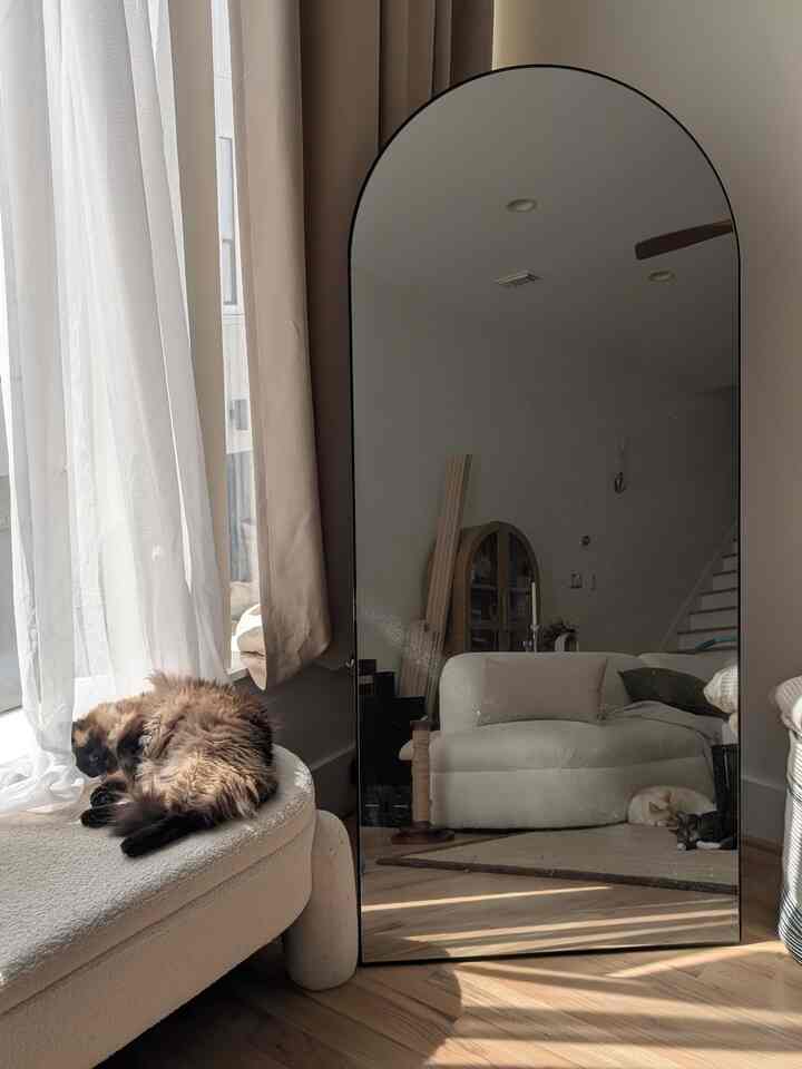 Natural beige and white toned living room featuring an arched full-length mirror, curved sofa, and three cats relaxing