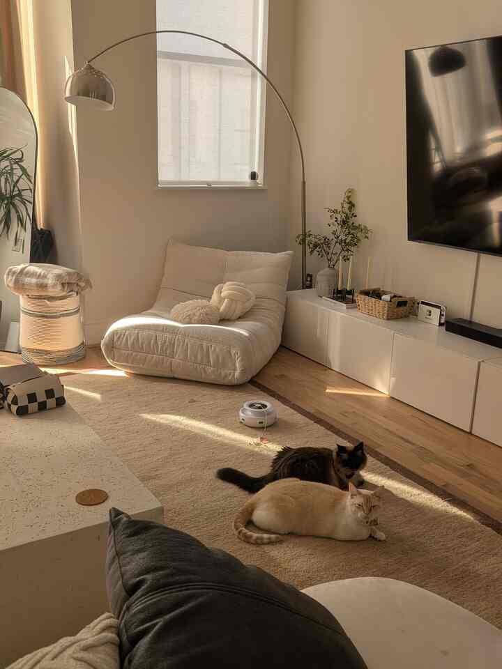 Natural tone living room featuring a large cushioned lounger and two cats relaxing on a beige rug